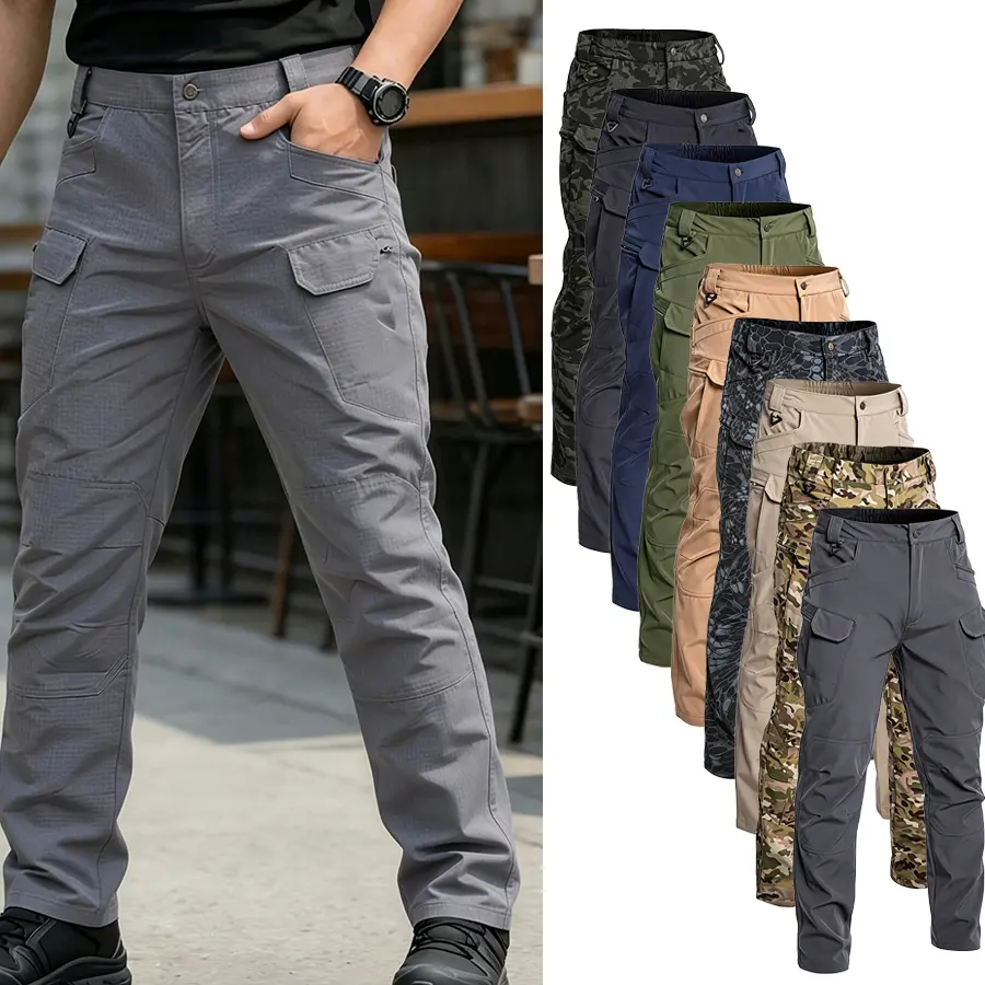 Men’s all-season functional tactical pants — multi-pocket cargo pants, outdoor windproof waterproof trousers, elastic waistband, comfortable breathable knit pants, suitable for hiking, climbing, and adventurous wear.