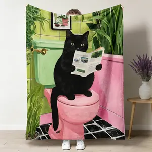 Cartoon Humor Black Cat Bathroom Print Flannel Fleece Blanket Soft Warm Throw Blanket Warm Nap Blanket for Home Dorm Travel Camping Cat Lover Gifts cozy lightweight 50"x60"