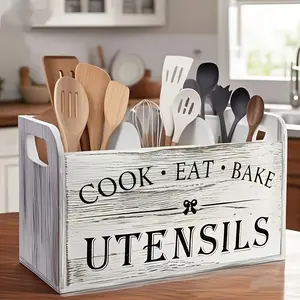 Vintage Classic Wooden Kitchen Tool Utensils Storage Box, Triple Compartment Design, Countertop Wall Mount Dual Use, Durable Sturdy Multi-Functional Organizer