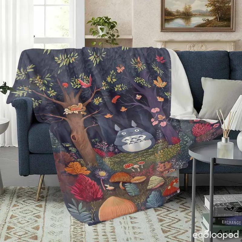 Totoro Flannel Blanket， Enchanted Forest Print Pattern， Super Soft， Warm and Cozy， Lightweight Feature， Perfect for Sofa， Bed， Travel， Camping， and as a Thoughtful Gift for Nature and Animation Lovers.