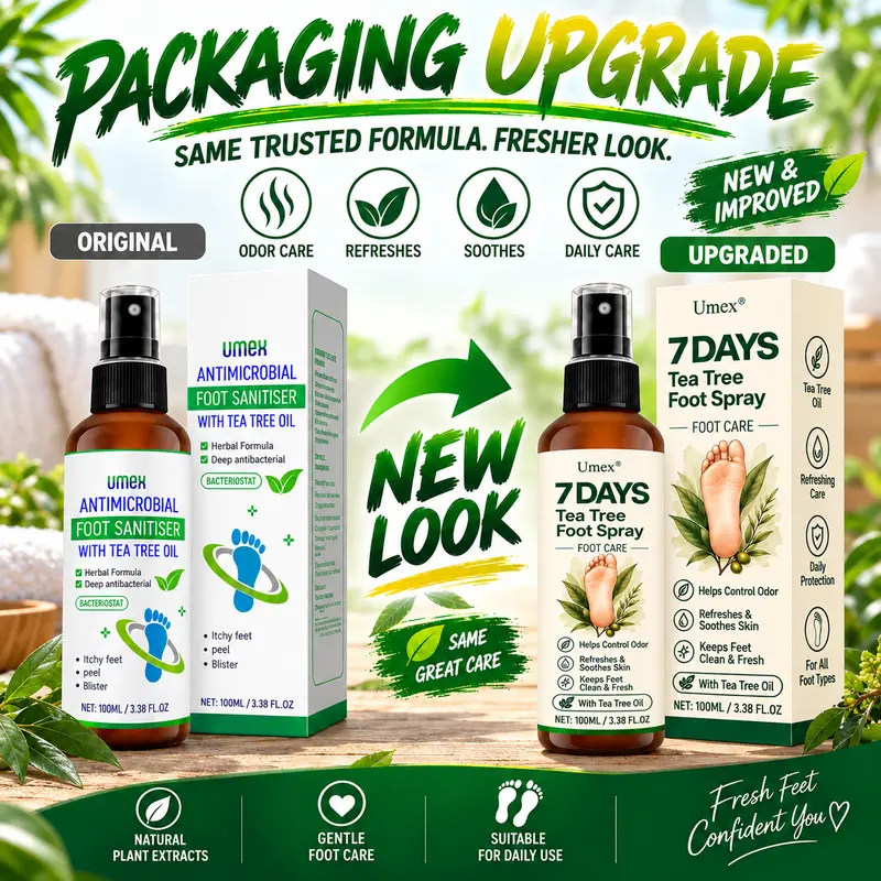 Umex Natural Moisturizing Tea Tree Oil Liquid Foot Care Spray (100ml) - Buy 1 Get 1 Free, Aloe Vera Formula, Anti-Bacterial Anti-Itch Fungus Defense, Athlete's Foot Treatment for Odor, Dry Heels & Cracked Skin, Fast-Absorbing Botanical Extracts