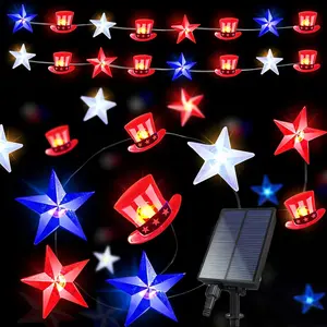 Set of 1: 80LED Solar-Powered Red, White, and Blue Star-Shaped Hat String Lights - Waterproof outdoor holiday lights, perfect for Independence Day and Mother's Day decorations, as well as for decorating patios, gardens, lawns, and outdoor parties
