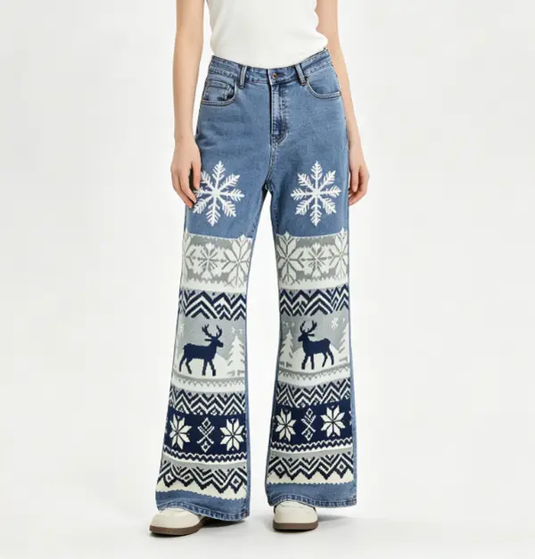 Women's Light Wash High-Waisted Loose-Fit Denim Knit Jeans - Full Winter Fair Isle Snowflake Reindeer Tree Print Wide Leg Bootcut Trousers for Christmas Holiday Cozy Wear, Loose Bootcut Jeans, Printed, Wide Leg Jeans