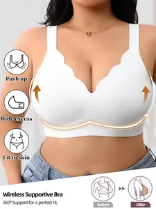 Women's Wireless Bra, Comfortable Seamless Wide Strap Push-Up Double Layer Design, Large Size Fit, Casual Daily Wear Apparel