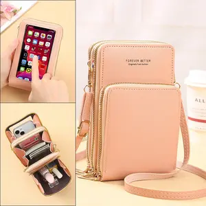 Multifunctional Solid Color Triple Compartment Wallet On String, Touch screen crossbody Bag,PU leather Phone bag