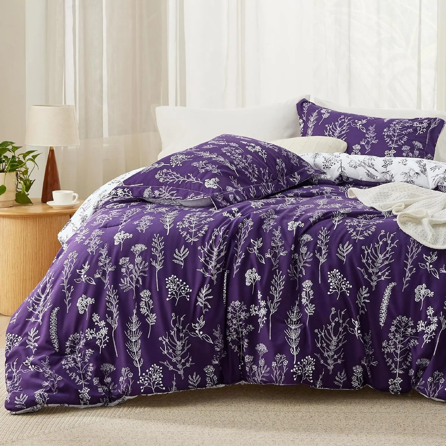 Queen Comforter Set - Dark Purple Floral Bedding Sets, Comfy Decorative Bed Linens with 3 Floral Prints, 1 Botanical Print and 2 Pillow Shams