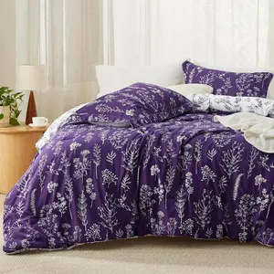 Queen Comforter - Dark Purple, 3 Cute Floral, 1 Botanical Flowers Comforter and 2 Pillow Shams
