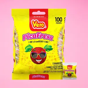 Vero Pica Fresa, 100-Pack, Strawberry Flavored Chili Powder Coated, Mexican Gummy Candy, Snack Mexican Candy Dulces Mexicanos Sweet Spicy Sucker Fruity