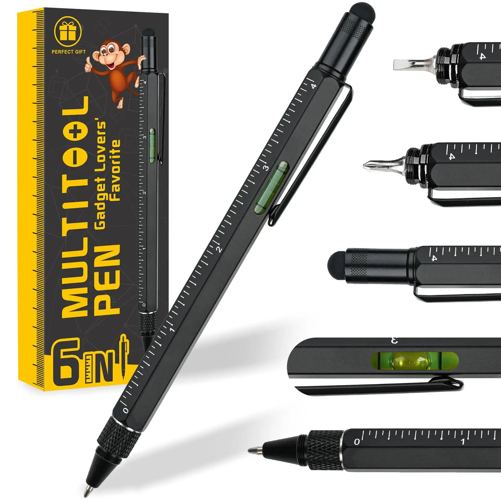 6 in 1 Multifunctional Tool Pen, 1/5 Counts Durable Ballpoint Pen with Screwdriver, Touch Screen Stylus, Level Meter Gadgets, Scale Ruler Design