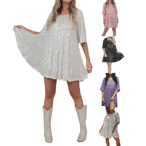 Women’s Glitter Sequin Loose Shirt Dress Short Sleeve Babydoll Sparkly Tiered Mini Dress Concert Party Clubwear