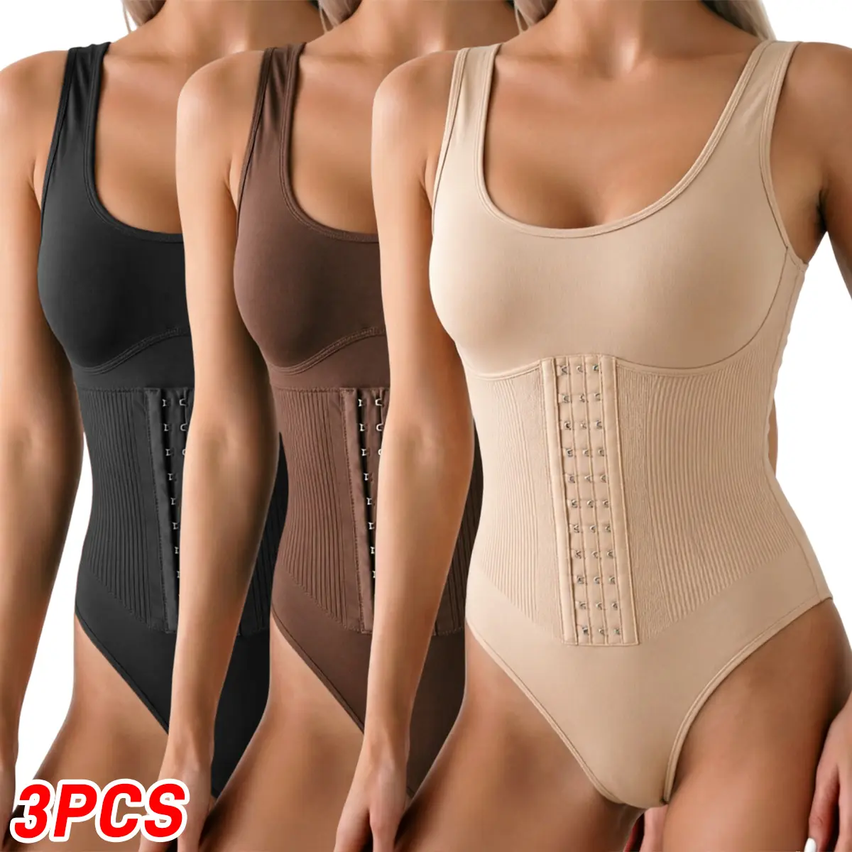 3 women’s shapewear bodysuits designed for high abdominal support, butt lift, and body contouring.These lightweight thongs are unpadded and provide posture correction, suitable for everyday wear and exercise.