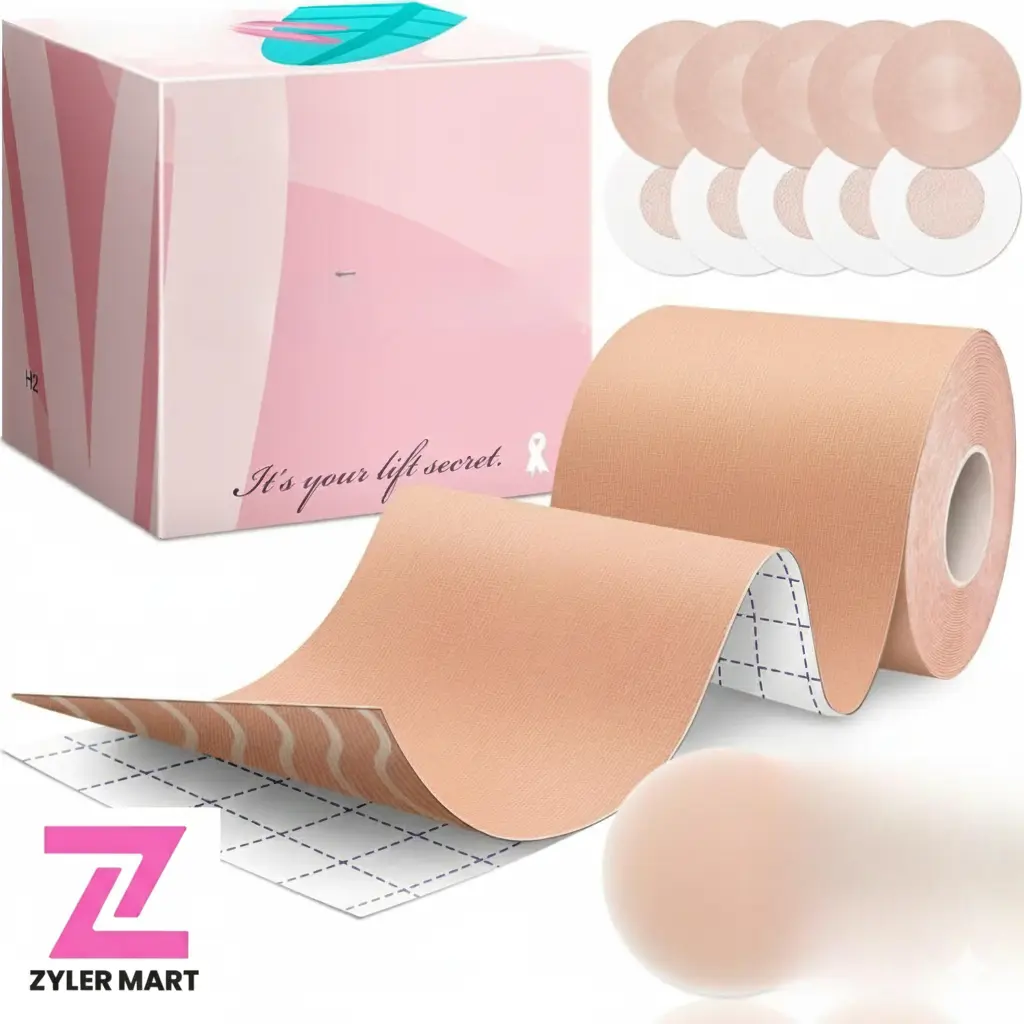 ZYLER Women's Boob Tape Breast Lift - Pad-Type, Invisible, Removable, Self-Adhesive Spandex-Cotton Bra Accessory, 2 Pcs Nipple Covers, Breathable, Waterproof, Seamless, for A-G Cups, Tube/Traditional Bra Alternative, Party & Backless Wear, Pad-Type Bra Ta