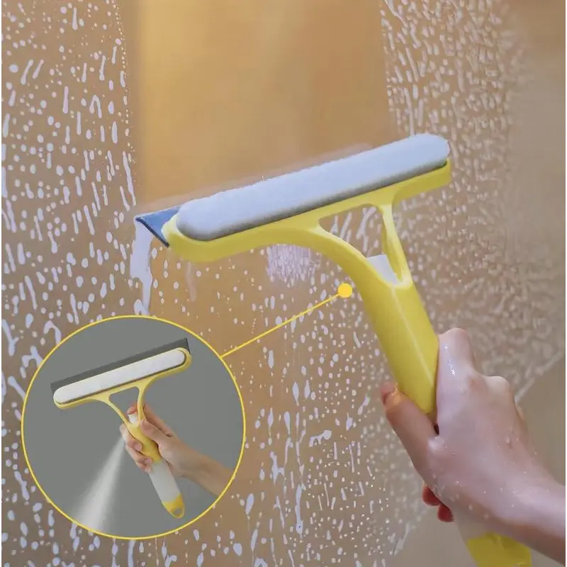 2025 New 3-in-1 Window Cleaning Tool with Handle - Durable PVC Squeegee, Spray Function, Scraping Brush, Lightweight Silicone Microfiber Wipe, All-Purpose for Home Bathroom Glass Doors, Mirrors, Desk, Acrylic (Single Unit)