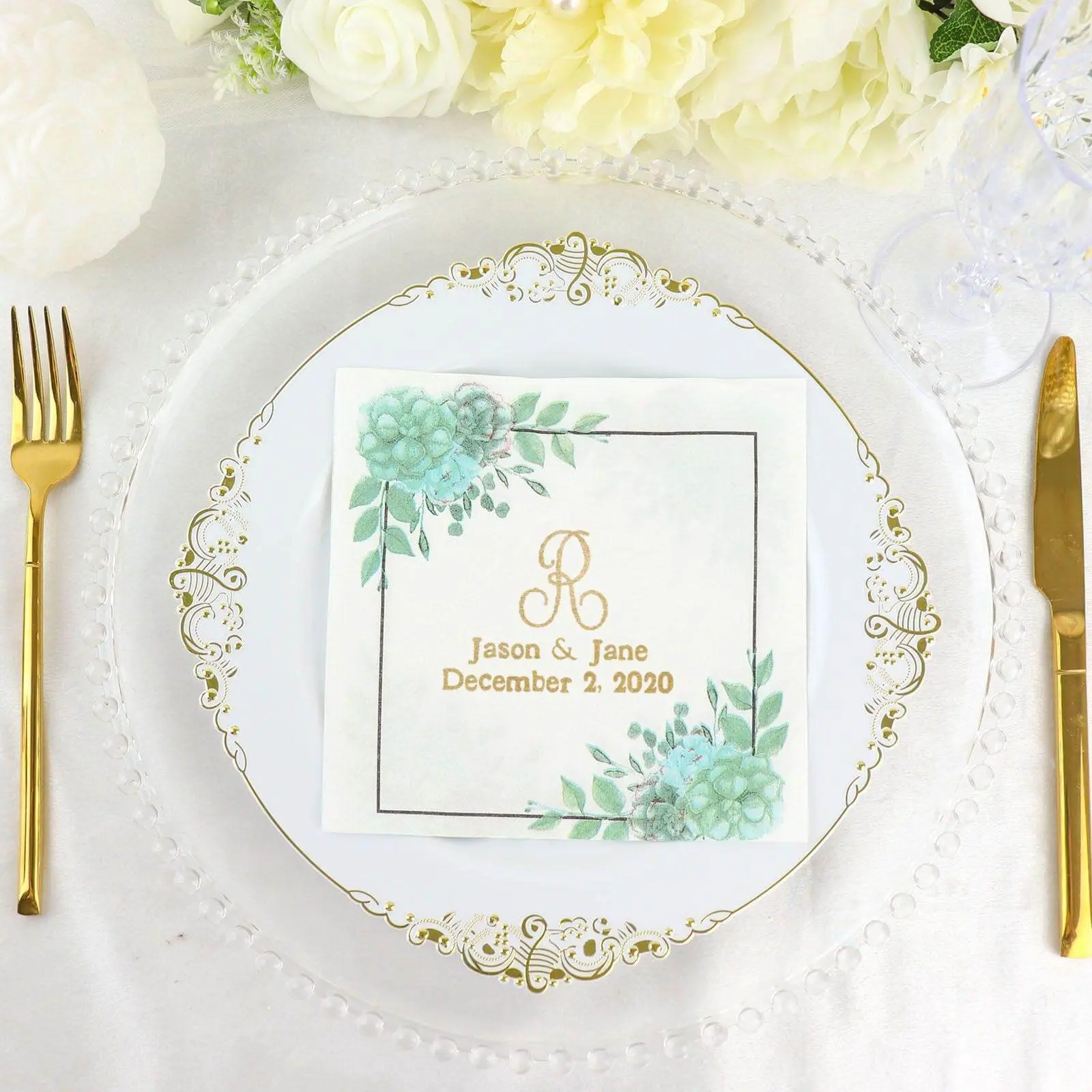 100-Pack Disposable 2-Ply Folded Personalized Paper Napkins, Large Floral White-Green Emblem Print - Custom Wedding Tableware, Party Supplies