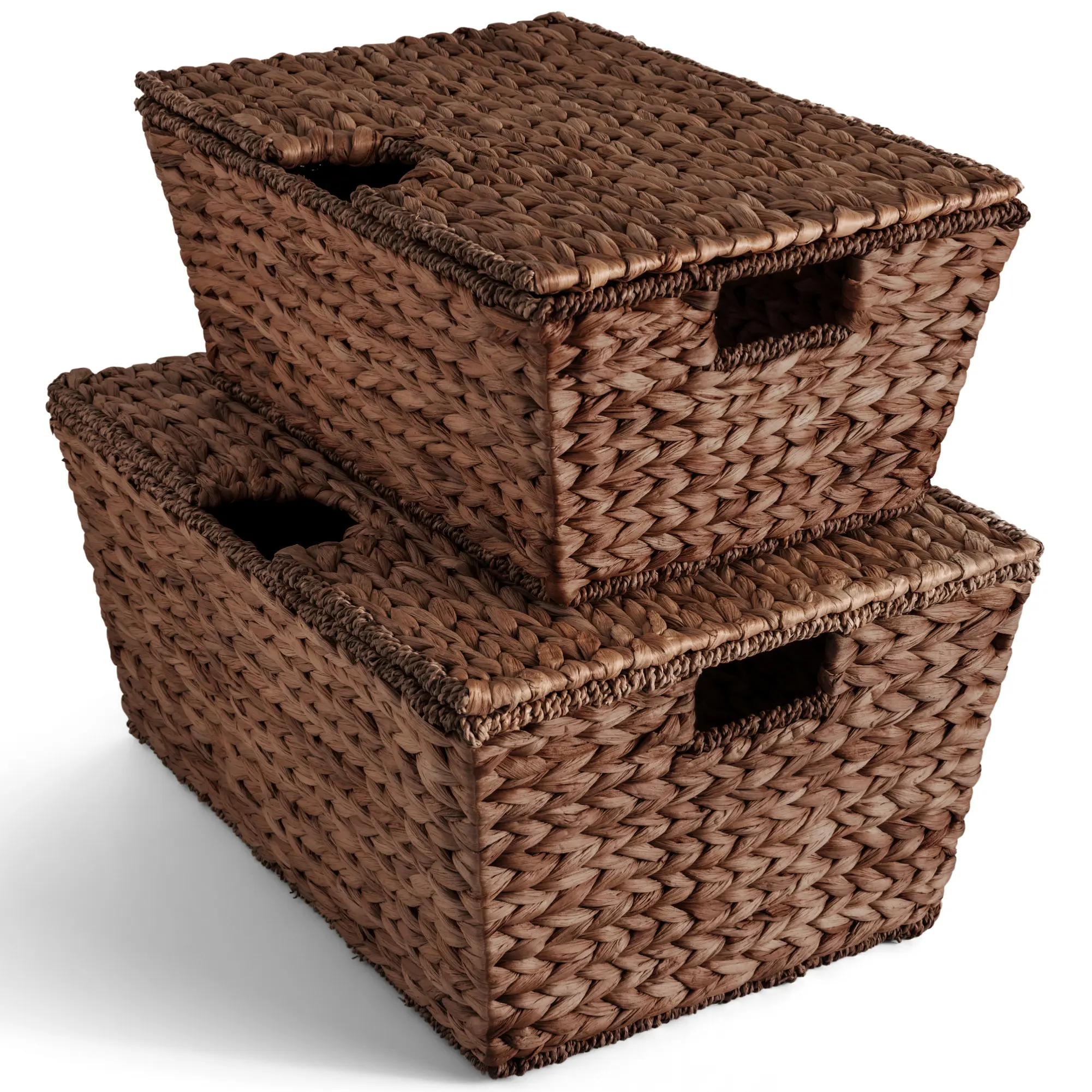 Best Choice Products Set of 2 XL Water Hyacinth Woven Tapered Storage Basket Chests w/ Attached Lid, Handle Hole