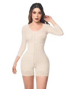 Mid Thigh Bodysuit With Bra • Long Sleeves • 3 Compression Hook Levels • Perineal Zipper • Beige (O-093)