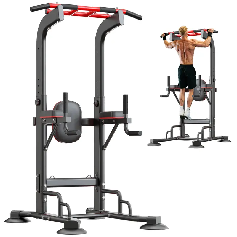 Soges Heavy Duty Power Tower Pull Up Bar Dip Station 66-94 Inches Height Adjustable, Free Standing Multifunctional Exercise Machine for Home Gym, Fitness Workout Strength Training Pullup Stand, 330 LBS Capacity, Black/Red Color