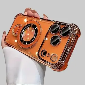 New fashionable four-corner drop-proof DIY magnetic stand phone case made of transparent hard acrylic with shock resistance and electroplating finish; compatible with iPhone 17 Pro Max, 16 Plus–11; includes camera lens protective film.