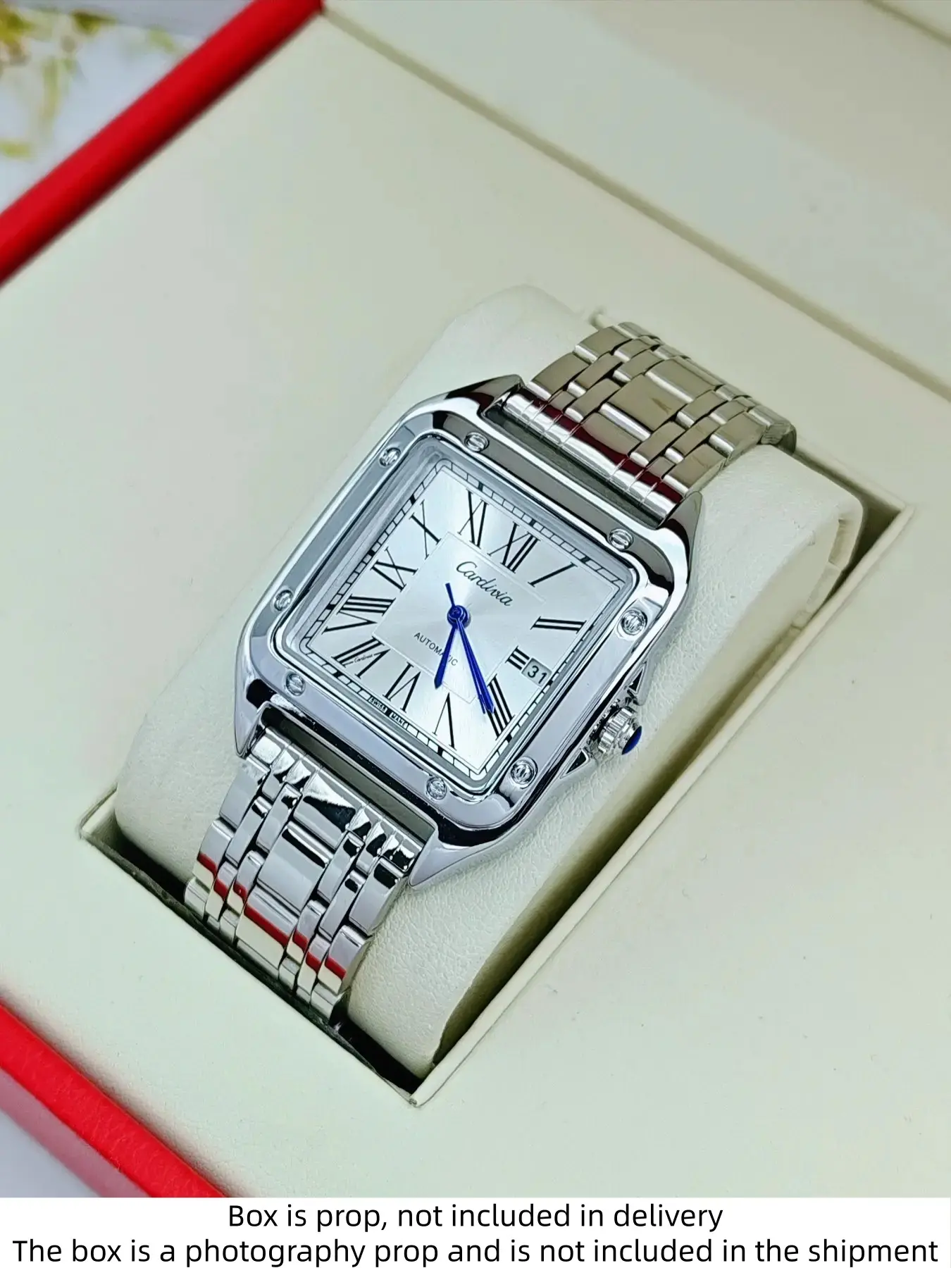 Huashan Dushi high-end men's analog quartz watch square dial steel strip Roman numeral scale calendar display waterproof business leisure watch for personal use and gifts, High Quality Watches