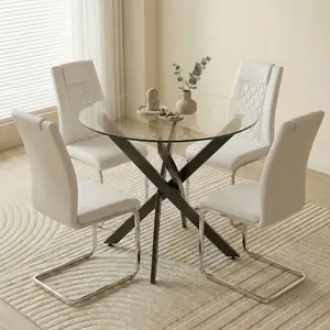 ARCH Round Glass Dining Table Set for 4, 35.5" Glass Dining Table with Black Legs, Modern Kitchen Table for Home Kitchen(black table and white chairs)