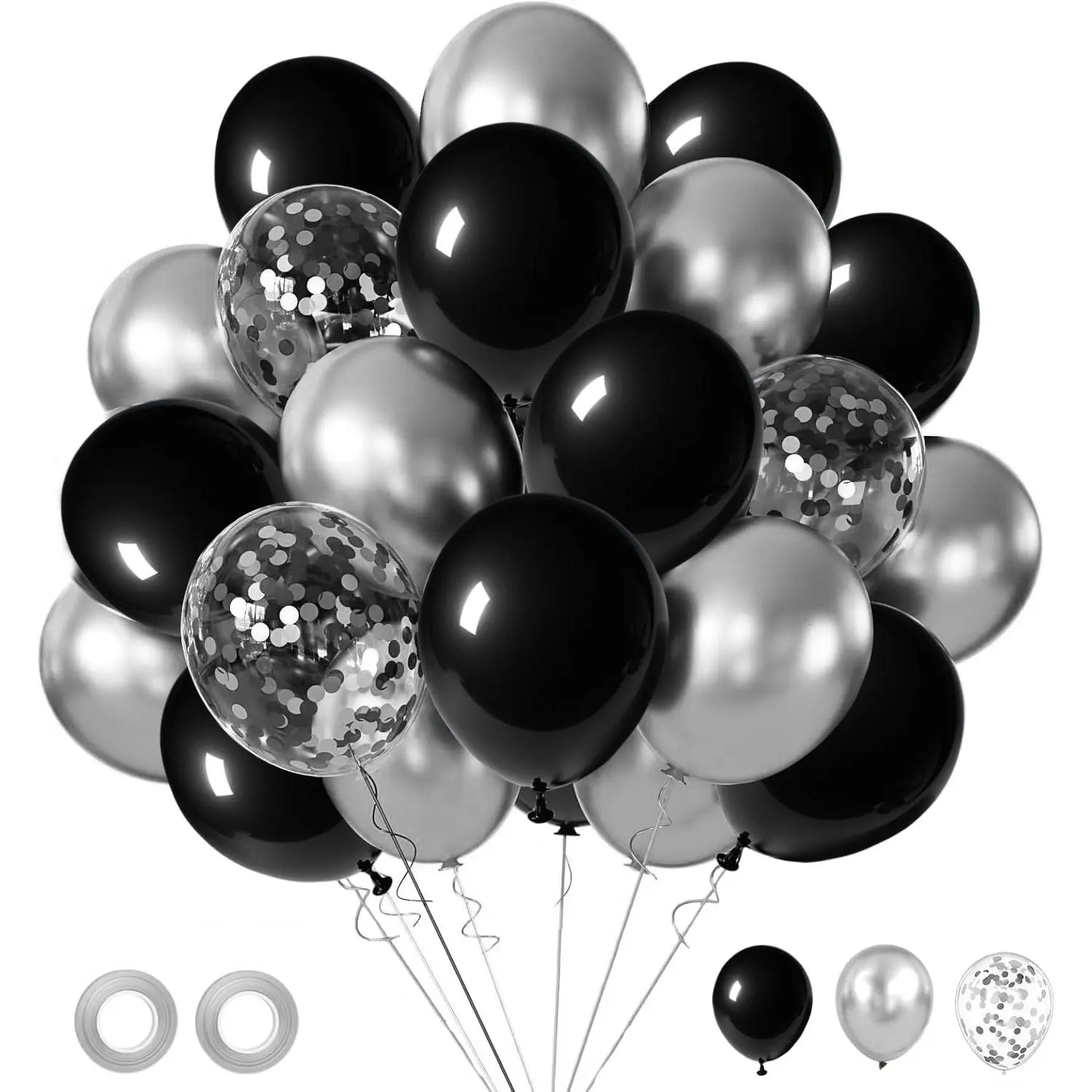 Black Silver Metallic Confetti Latex Balloons Kit - 50pcs 12-in Round Self-Sealing, Without Odor Latex Decorations for Adult Birthday, Showers, Festive Party Supplies