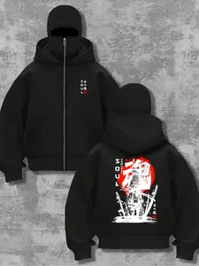 Men's Hip Hop Hoodie, Warm Comfortable Japanese Samurai Print, Pullover Barakabra Jacket, Casual Hooded Jacket, Fall & Winter Casual Fitted Long Sleeve