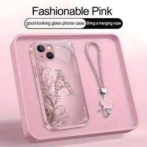 Suitable for [iPhone 14] high-end women's phone case🤩，a beautiful four-leaf clover lanyard is included🍀，Exquisite floral print, non-3D rhinestones, 26 letters to choose from YM99