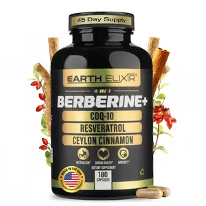 Earth Elixir 4-in-1 Berberine Supplement 1200mg (180 Caps) w/ 200mg COQ10, 400mg Resveratrol & 150mg of Ceylon Cinnamon –3rd Party Tested– Berberine w/Ceylon Cinnamon Supplements –Max Purity– CO Q 10