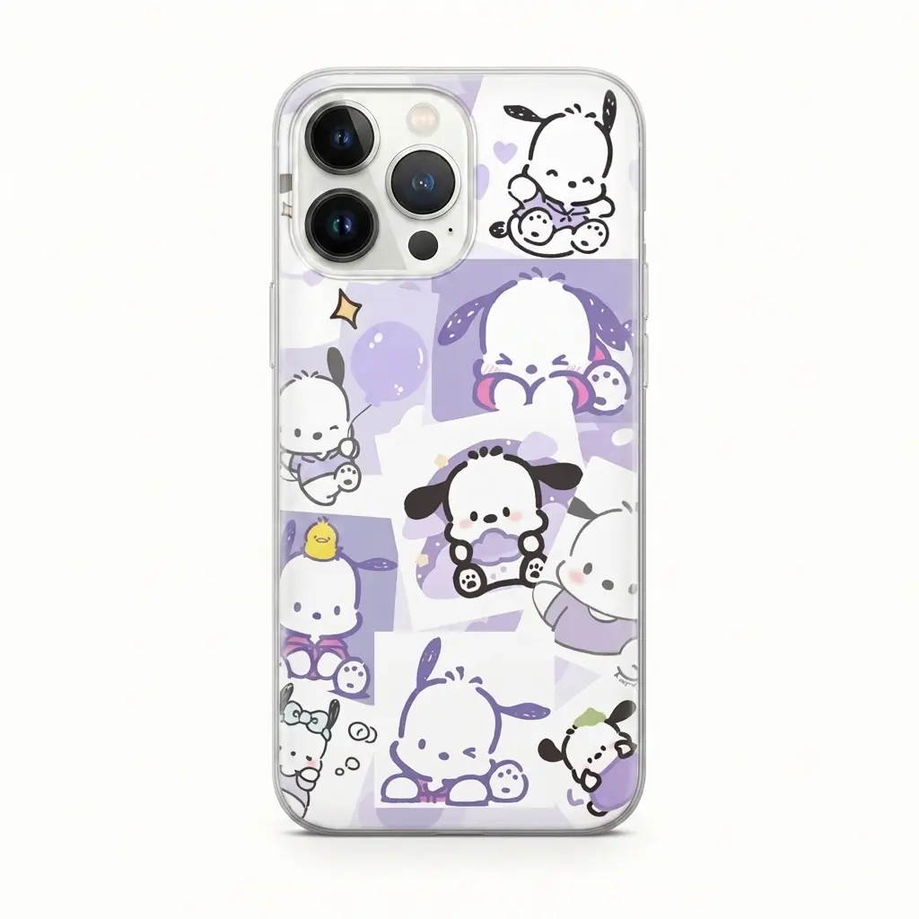 Kawaii Pochacco Purple Case for iPhone 11-17, Samsung Galaxy S22-S26 Ultra, Cute Lavender Sanrio Shockproof Protective Cover