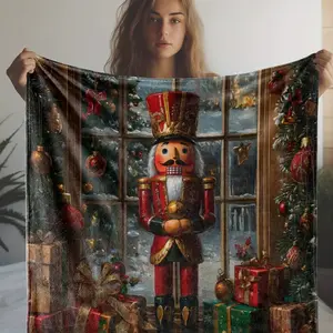 Vintage Nutcracker and Christmas decorations, luxury flannel blanket, 280gsm suitable for home, bedroom, sofa, travel, home, high-end gift, perfect gift! 100% polyester material