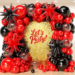 153 count Red and Black Balloons Garland Arch Kit with Stars -22 18 12 10 5 inch Different Size Black and Red Confetti Latex Balloons for Birthday Graduation Anniversary Prom Party Decorations