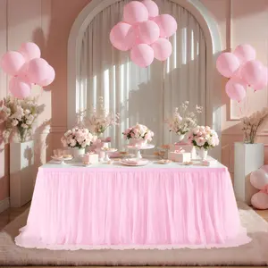 Tulle Tutu Table Skirt with Gold Edge – 3-Layer Light & Flowy Dessert Table Skirting for Baby Shower, Bridal Shower & Birthday Party Decor