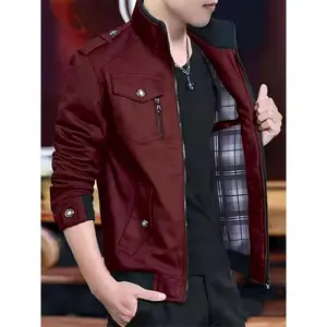 Men's Solid Color Cargo Jacket - Stylish Long Sleeve Stand Collar Coat with Multi-Pocket Design in Black Fabric Ideal for Casual Outdoors Fathersdaygift Gamis jacket Menswear Polyester High Neck Rayon Tops Beige