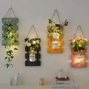 LED Wall Hanging Flower Vase Decor, Artificial Flower Wall Planter with Warm Lights, Rustic Home Wall Decor for Bedroom, Living Room, Dorm, Entryway