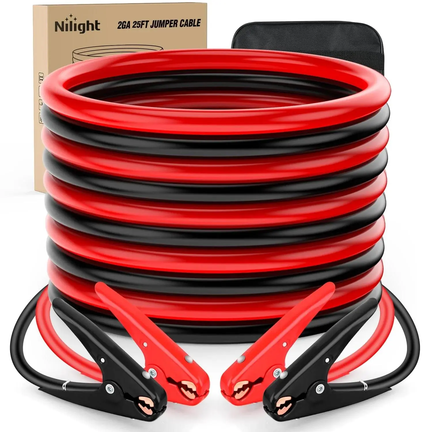 Nilight 2 Gauge 25 FT Heavy Duty Tangle-Free Jumper Cable with Clamp Tool, 800A High Power CCA Copper Automotive Accessory for Car, Truck Battery Repair