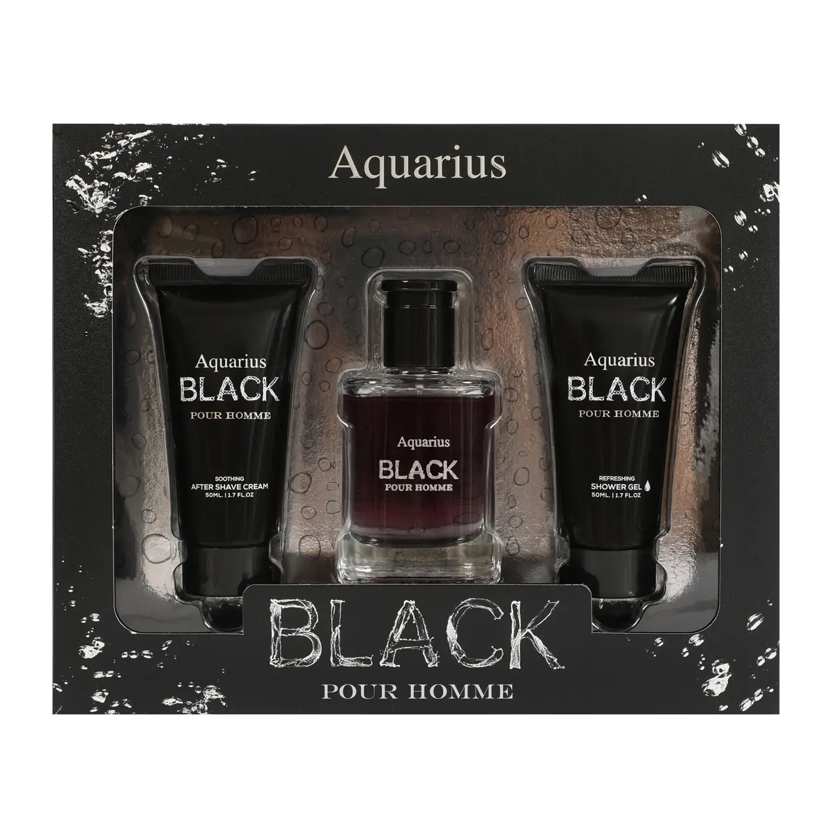 Aquarius Black Spray Cologne Eau de Toilette, After Shave Cream, Shower Gel 3pc Gift Set for Men 50ml