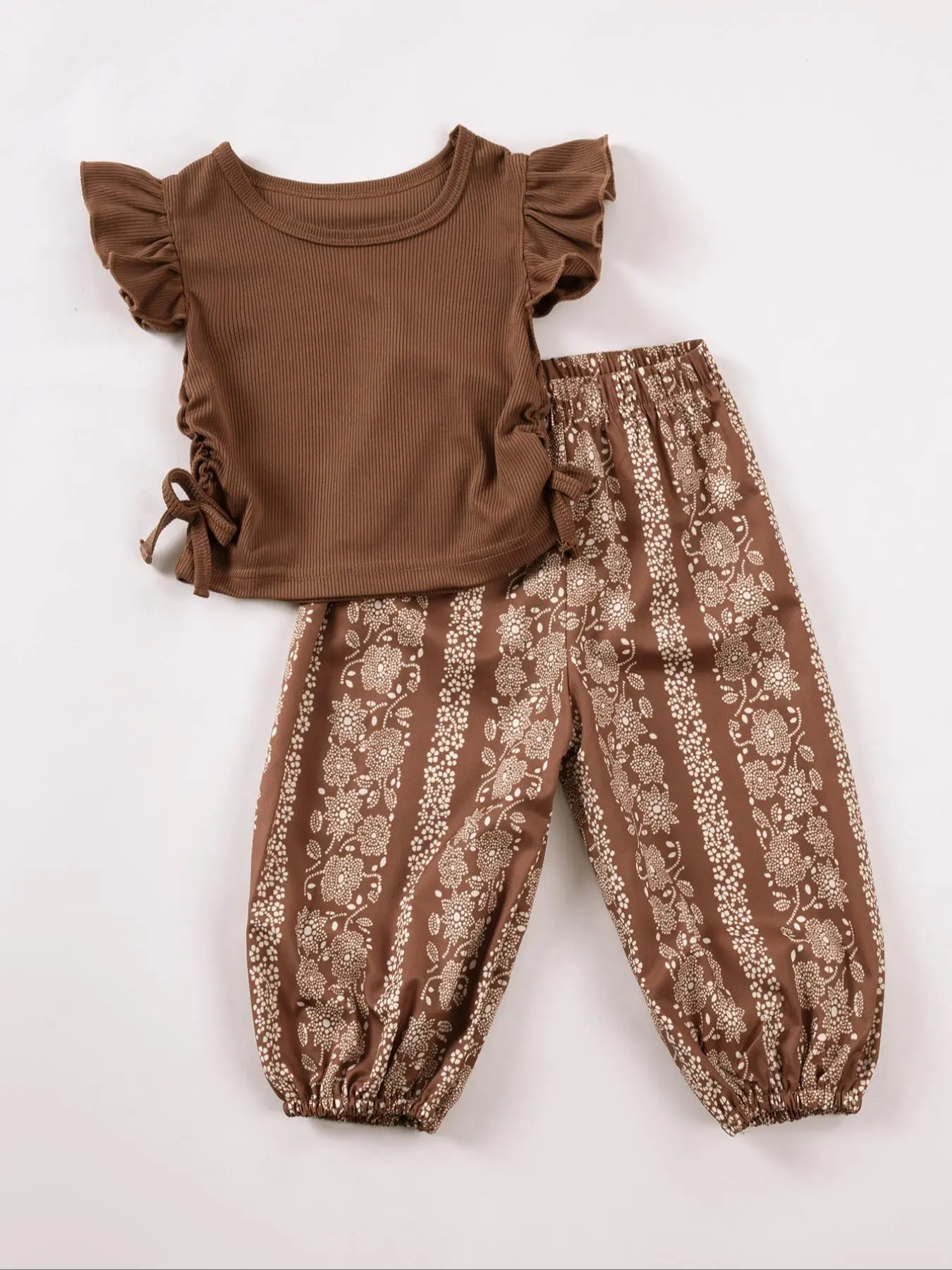 Toddler Girl's Ditsy Floral Print Ruffle Trim Tee & Pants Set, Casual Soft Comfy Short Sleeve T-shirt & Trousers for Summer, Kids Clothes, Clothing for Daily Wear