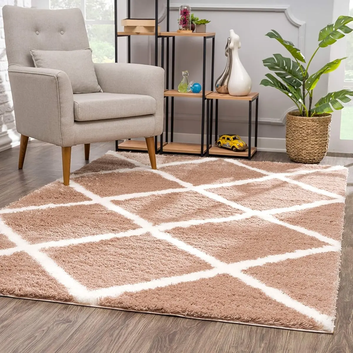 212 MAIN Super Soft 3x5 ft. Beige & White Modern Lattice Geometric Grid Area Rug, Minimalist Vibe, Indoor Use, Medium Pile, Polyester Fiber, Super Soft Rug, Contemporary Rugs, Home Decor Rugs