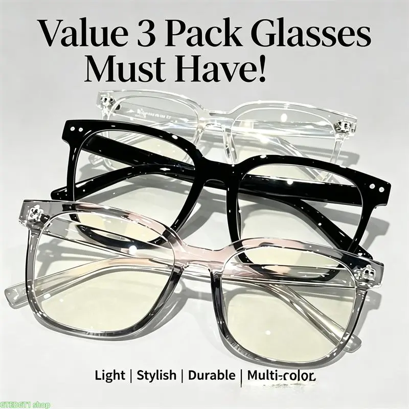 3 pcs Minimalist Transparent Square Non Prescription Glasses, Glossy Lightweight Pressure Free Frames In Multi Shades For Office, Beach And Casual Daily Wear