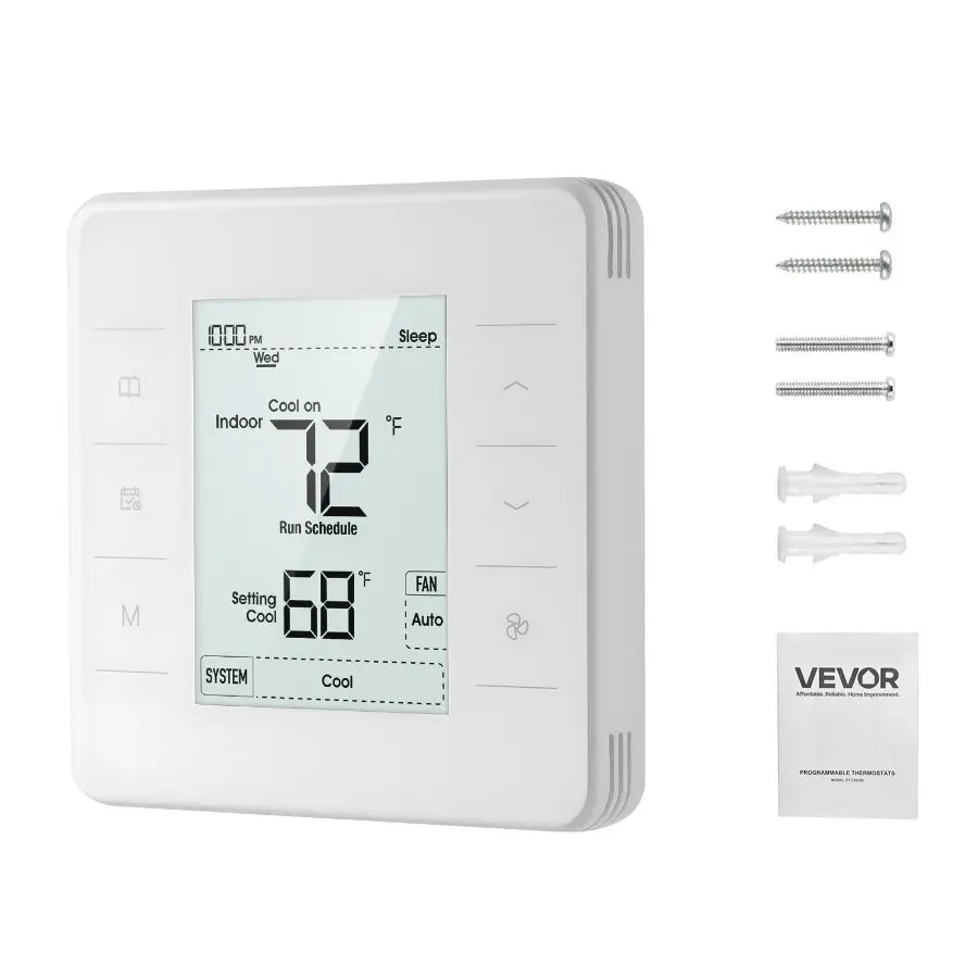VEVOR Digital 7-Day Programmable Thermostat, 1Cool+1Heat Home Thermostat for Heat Pump, Air Conditioner, LED Backlit Screen, Energy-Efficient, Wide Temp Range, White, Led Screen With Backlight