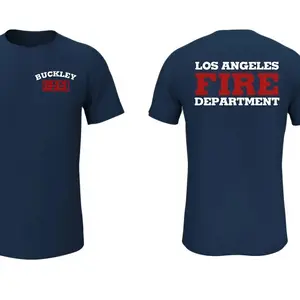 Los Angeles Fire Department Buckley 911 T-Shirt, Navy Blue Firefighter Tribute Tee, Bold Red & White Graphic Shirt, First Responder Support Apparel