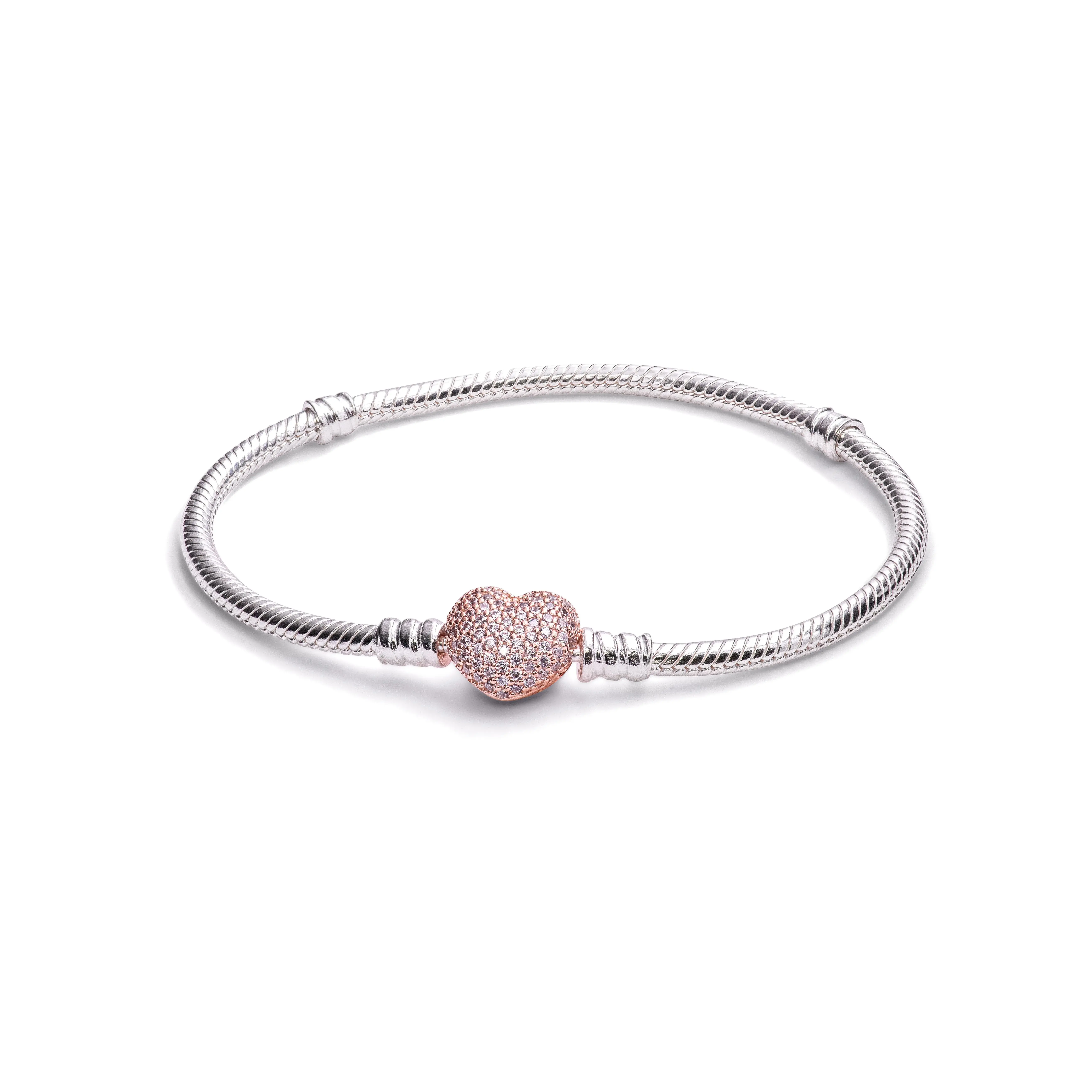 PANDORA Rose Pave Heart Clasp Sterling Silver Bracelet - 586292CZ-20, Dainty Bracelet, Elegant Jewelry Bracelet