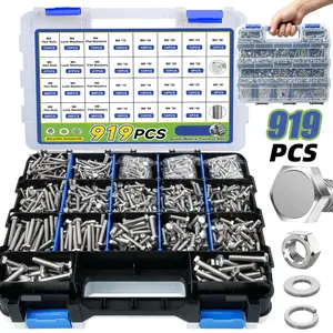 919Pcs Stainless Steel Hex Bolts Assortment,M4, M5, M6, M8 Heavy Duty Bolts and Nuts Kit, Assorted SAE Bolts Nuts Flat&Lock Washers with a Double-Sided Tool Box, Suitable for Industrial, Home, And Use