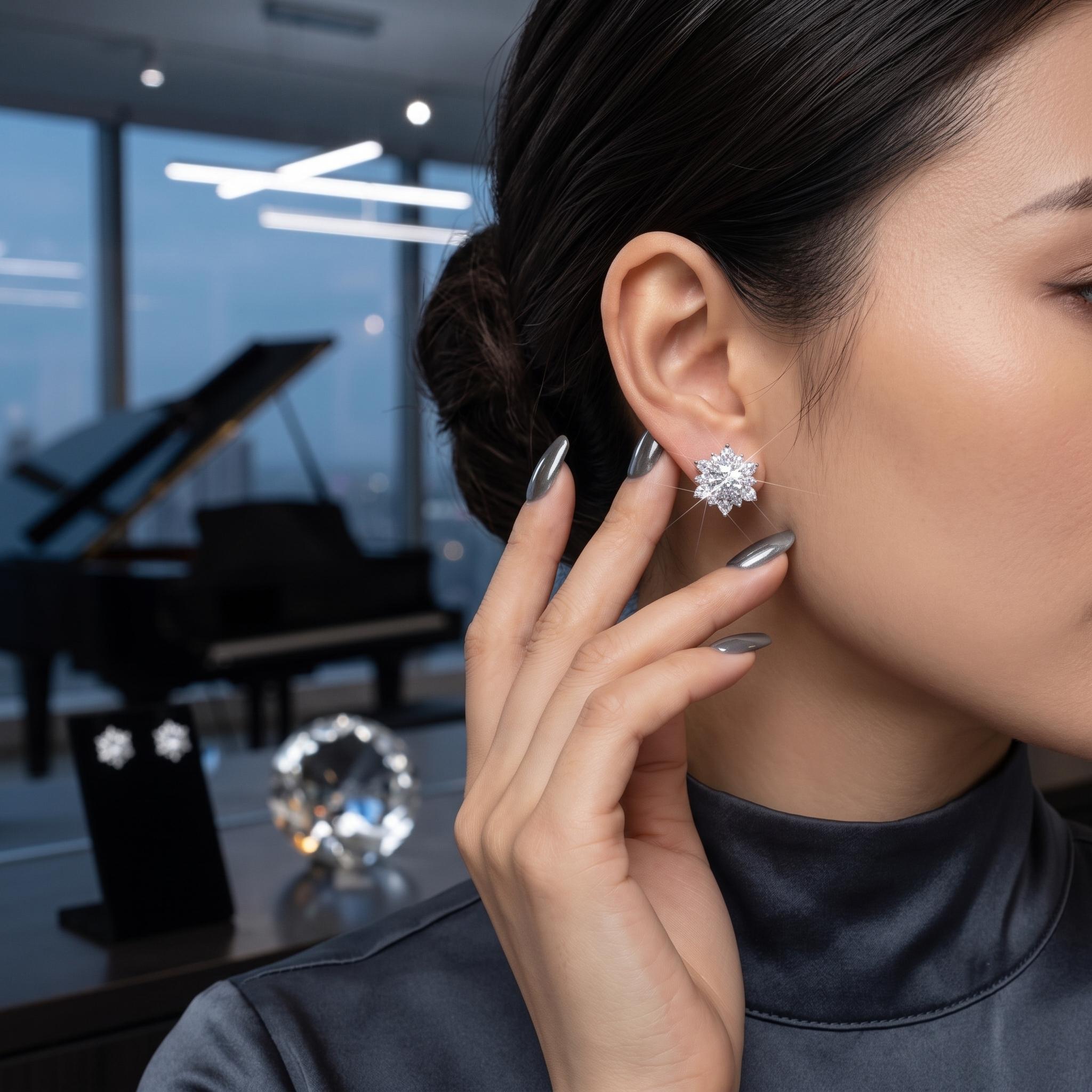 Silver Casual Couple Stud Earrings - Dual Lab-Created Gemstones (VVS1 Moissanite Option), Hypoallergenic Fit Soft Needles, Deluxe Gift Box, Unisex Fine Jewelry, Snowflake Design, Ideal for Anniversaries & Valentine’s Day, Everyday Glamour, Casual Shine, M