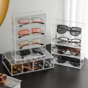 Clear Acrylic Dustproof Stackable Sunglasses Storage Box, 1 Count 4 Layer Sunglasses Display Box, Sunglasses Organizer, Home Organizer for Living Room Bedroom, Multi Grids Organizer
