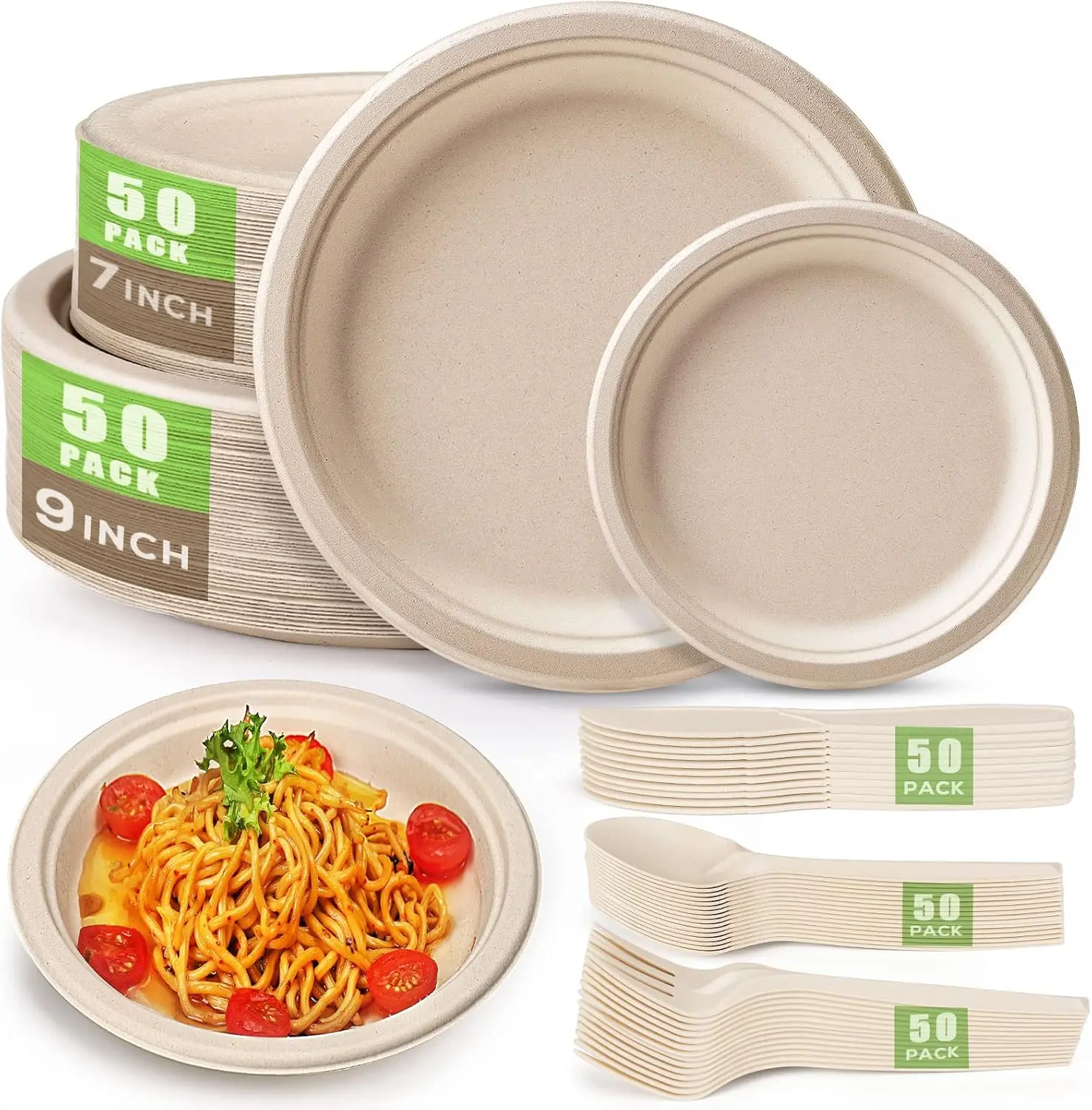 250Pcs Disposable Paper Plates Set, Compostable Plate Sugarcane Utensils Eco Friendly Dinnerware Kit Includes 50 Biodegradable Plates, Forks and Spoons for Brithday Party Camping