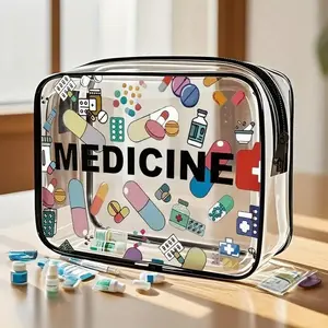 Medicine Theme PVC Zipper Makeup Bag, Travel Cosmetic Bag, Large Capacity Lightweight Travel Organizer, Easy Clean & Fade Resistant Design, Tsa Certified Daily Use Kit
