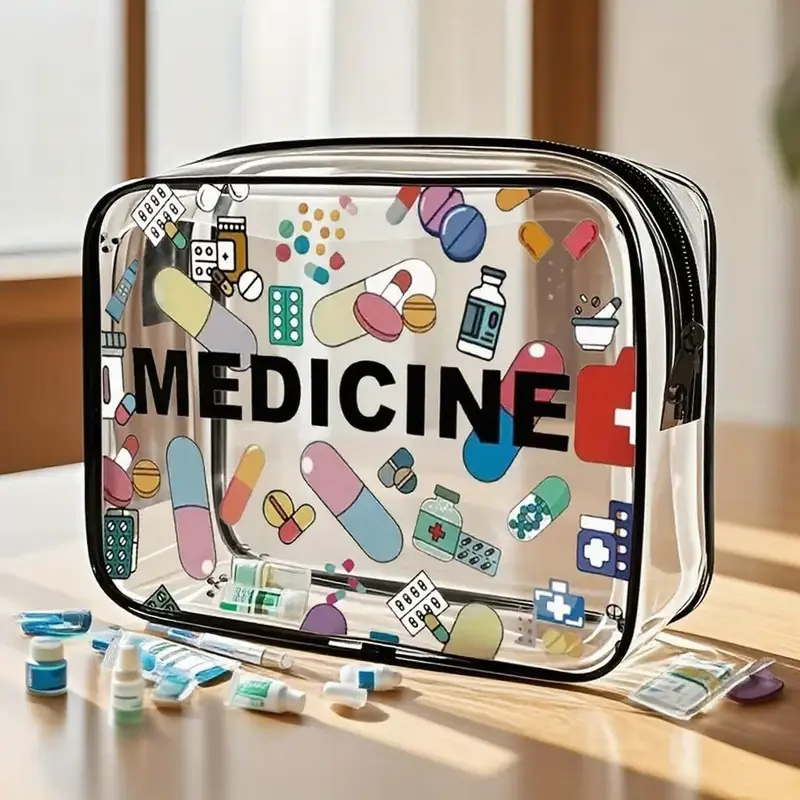 Medicine Theme PVC Zipper Makeup Bag, Cosmetics Bag, Large Capacity Lightweight Travel Cosmetic Organizer, Easy to Clean, Fade Resistant Daily Use Storage Pouch