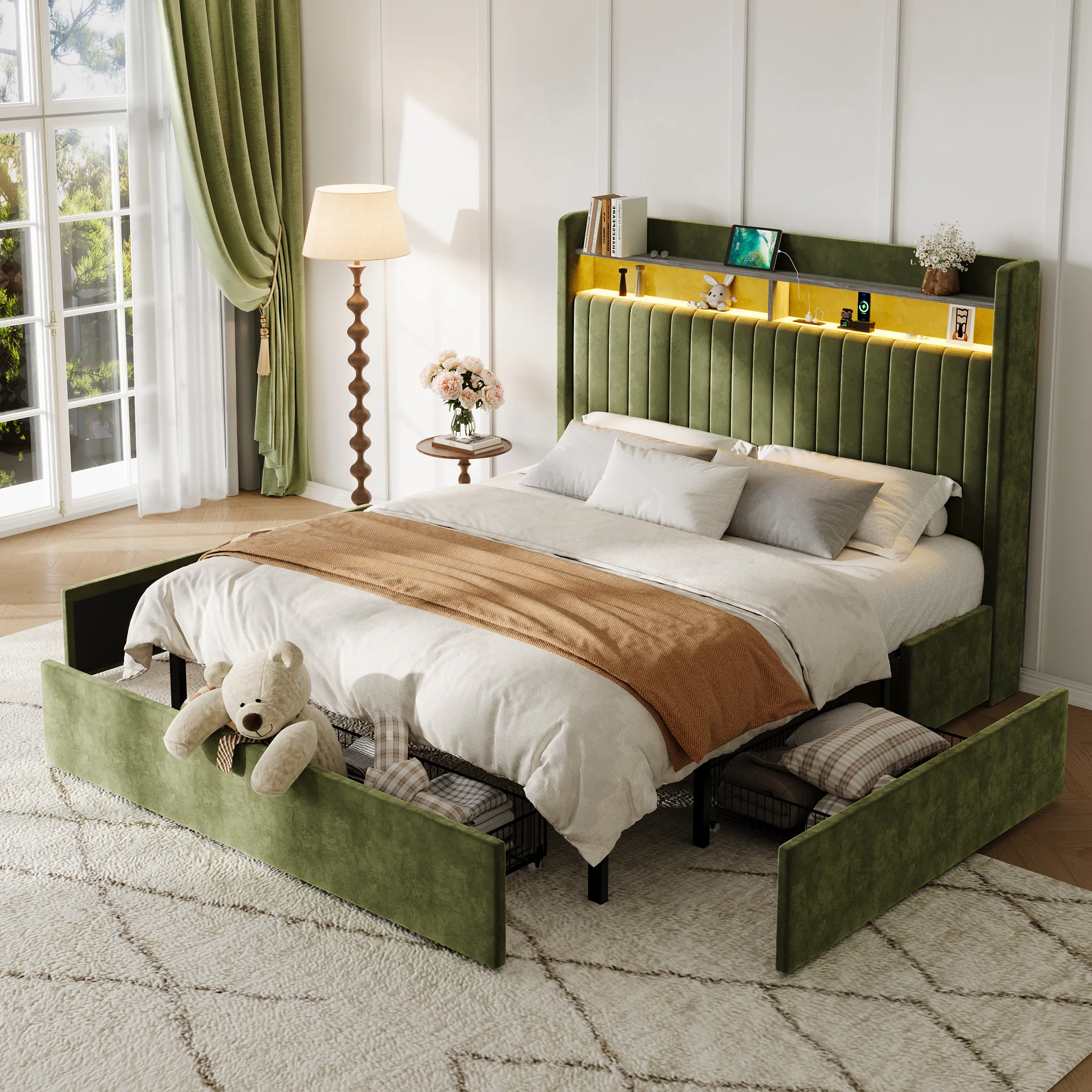 SHA CERLIN Upholstered Platform Bed Frame with LED Lights & Charging Station, Vertical Tufted Headboard with Shelf, Storage Design, No Box Spring Needed, Easy Assembly
