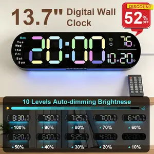 Decor Large Digital Wall Clock 13.7" with 9 RGB Ambient Light Auto Brightness Remote Control Dual Alarm Timer 12/24H Mode Temperature LED for Elder Black